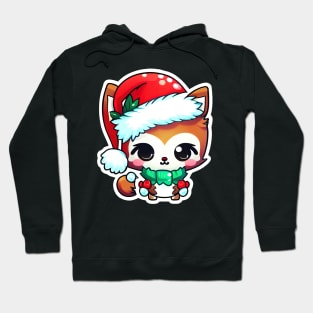 Cute Adorable Chibi Kawaii Baby Fox Wearing Red Christmas Hat Hoodie